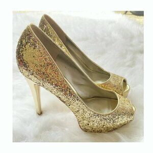 Guess Gaby Gale Glitter Gold Peep Toe Heels Pumps Size 7.5